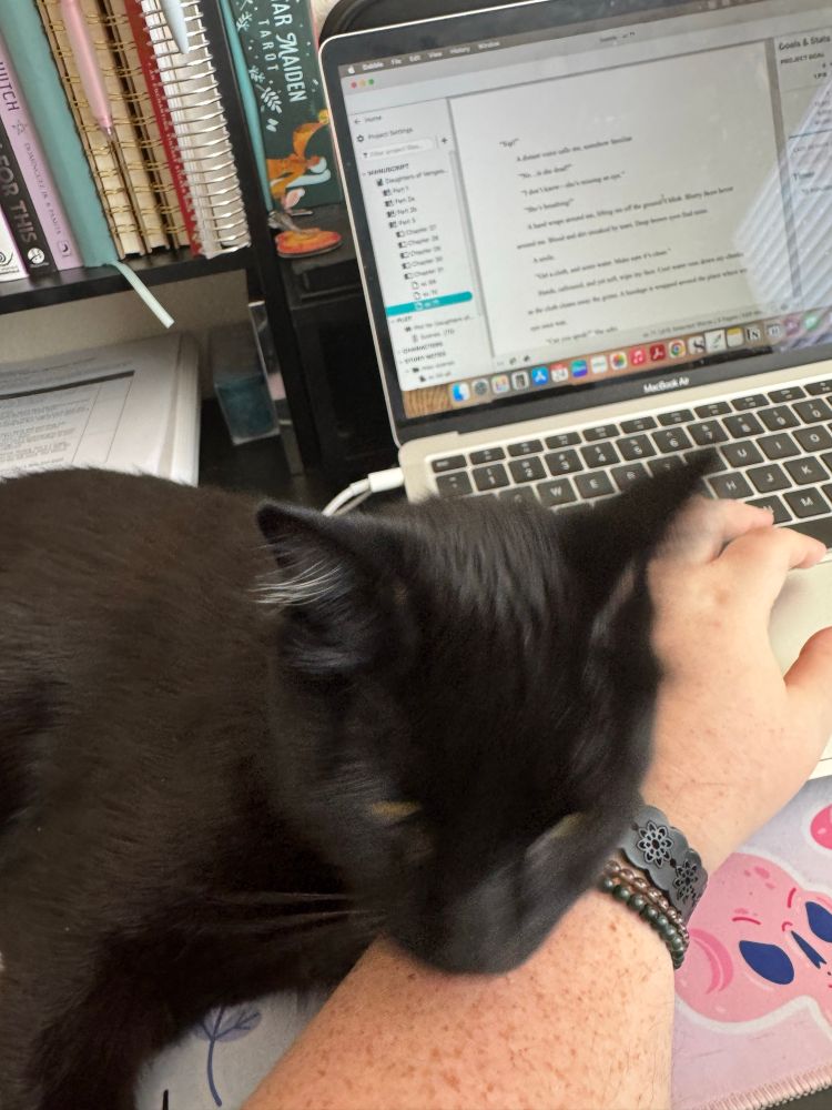 A black cat resting his head on my hand as I try to type on my laptop. 