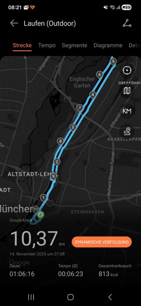 Laufstrecke von etwa 10km entlang der Isar, eingezeichnet auf einer schwarz-weißen Karte.