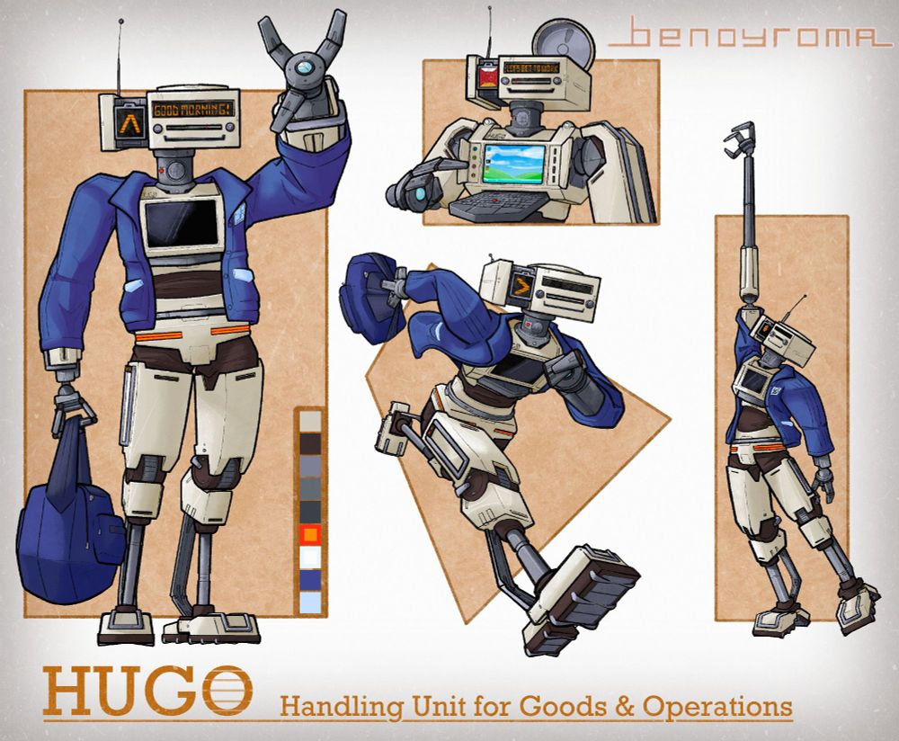 HUGO the Robot main reference illustration, featuring some addition illustrations showing off HUGO's functionality!