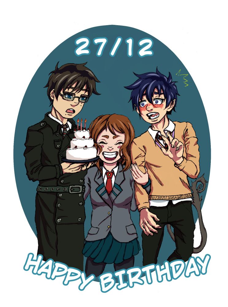 Three characters, two teenage boys and one teenage girl. Uraraka Ochako is in the middle, linking arms with the Okumura brothers flanking her sides. On the left, Yukio is holding a white birthday cake. On the right, Rin is flustered that a girl stands this close. The background is a blue oval shape. The numbers 27/12 are above the characters, and the inscription "Happy Birthday" is below the characters.