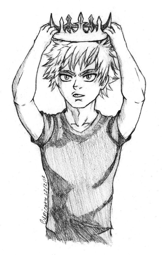 shaded pencil sketch of Bakugou Katsuki wearing a dark t-shirt and holding a crown over his head