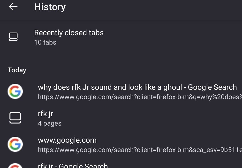 Screenshot of my browser history, including gooe searches for "rfk Jr", "rkf Jr - 4 pages", and "why does rfk Jr sound and look like a ghoul" 