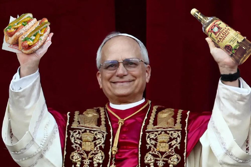 Pope Leo XIV holding 2 chicago dogs and a fifth of Malort.  citation needed