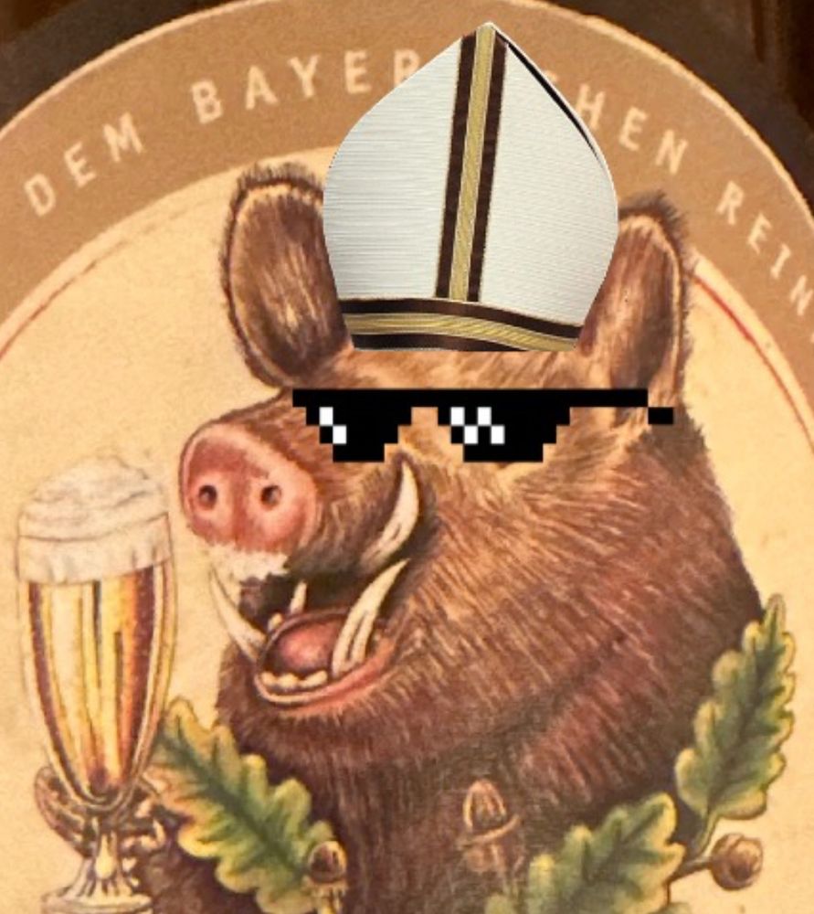 A festive boar with sunglasses and papal regalia, enjoying a beverage