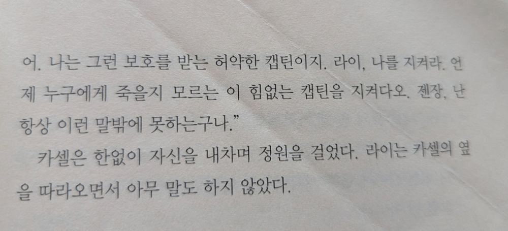 나는 그런 보호를 받는 허약한 캡틴이지. 라이, 나를 지켜라. 언제 누구에게 죽을지 모르는 이 힘없는 캡틴을 지켜다오. 젠장, 난 항상 이런 말밖에 못하는구나."
카셀은 한없이 자신을 내차며 정원을 걸었다. 라이는 카셀을 따라오면서 아무 말도 하지 않았다.