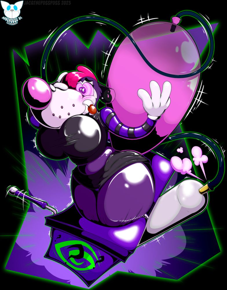 OC anthro possum Jacq stuck in a Jack in the box mexhanism while hypnotized and inflated into a busty bikini shape
