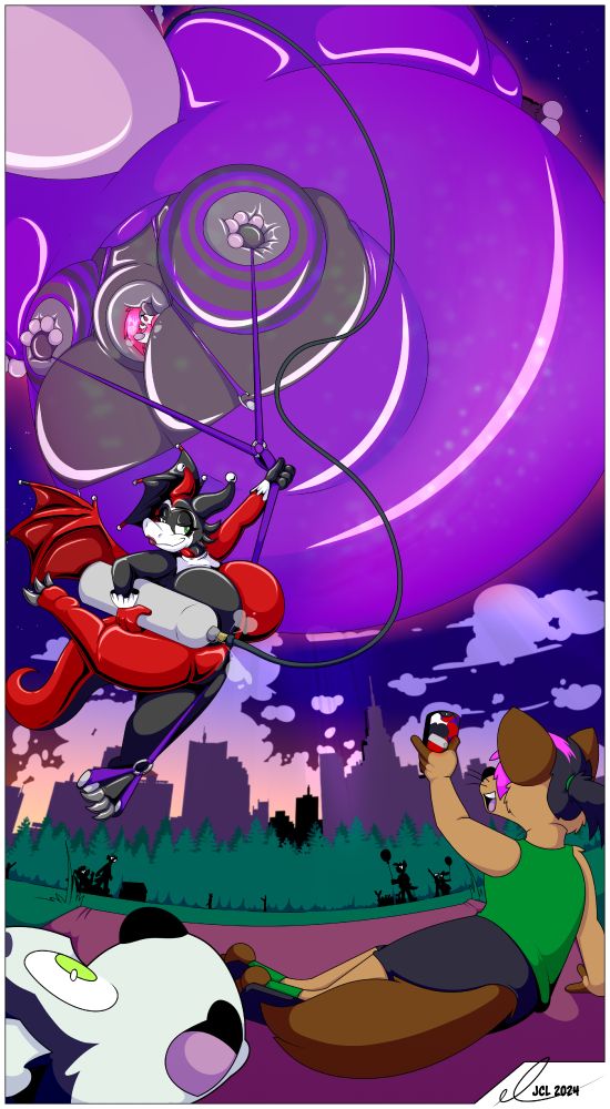 OC opossum Jacq and OC dragon Finikia. Finikia is in their harley quinn outfit and the possum is inflated into a near to bursting balloon.
below is a crowd of onlookers in varying degrees of awe.