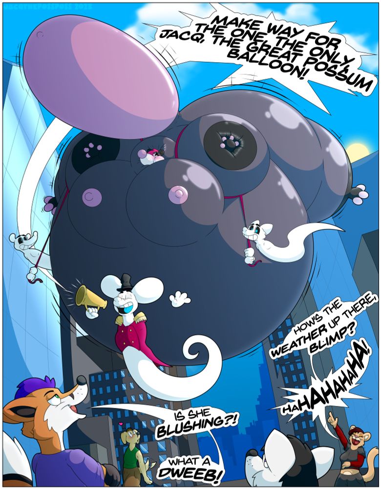 OC anthro possum Jacq and the "Awde Trio" and a bunch of random anthro characters watching on as an inflated Jacq is paraded on a city street.
dialogue:
"Make way for the one the one, Jacq, the Great Possum Balloon!"
"Is she Blushing?! What a dweeb!"
"How's the weather up there, blimp? Ha! x5"