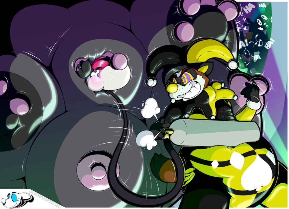 OC anthro possum Jacq and OC red panda/corgi hybrid Corda in a circus scene, Corda inflating a nude Jacq while a crowd looks on with awe.