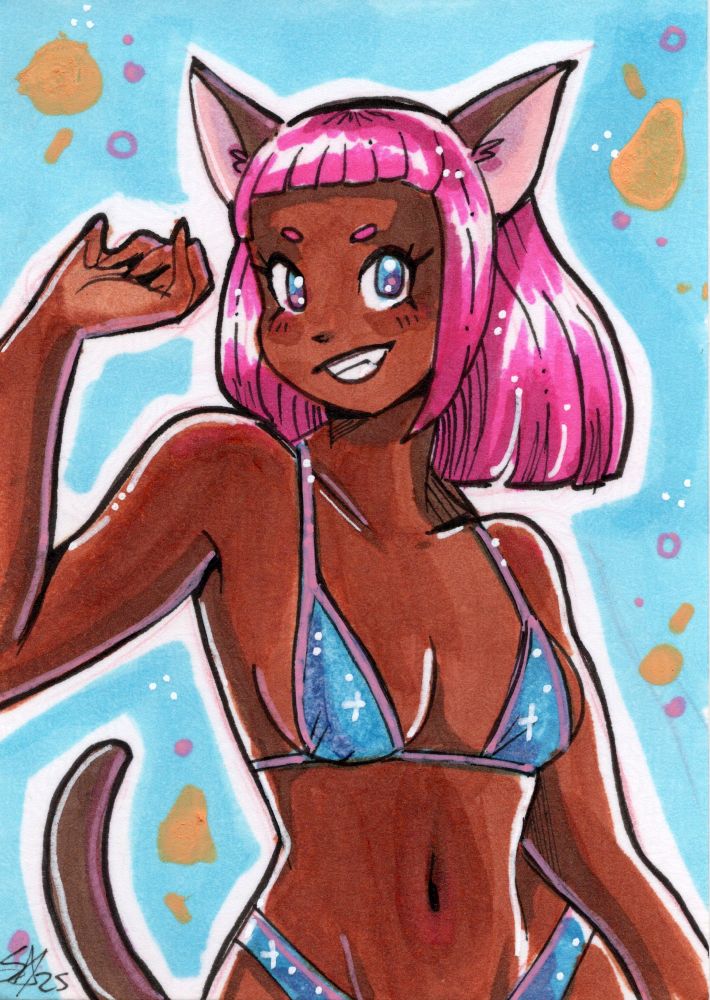 Copic marker pinup drawing of a dark brown-skinned cat girl with pink hair in a blue bikini