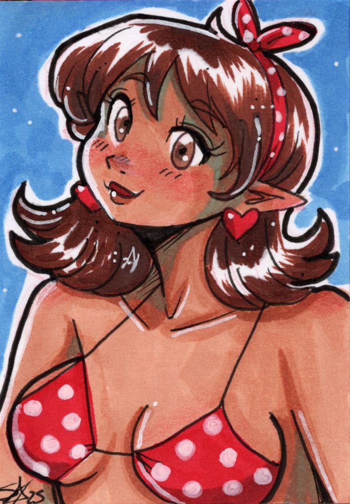 Copic marker portrait drawing of a light brown skinned elf in a red polka dot bikini top