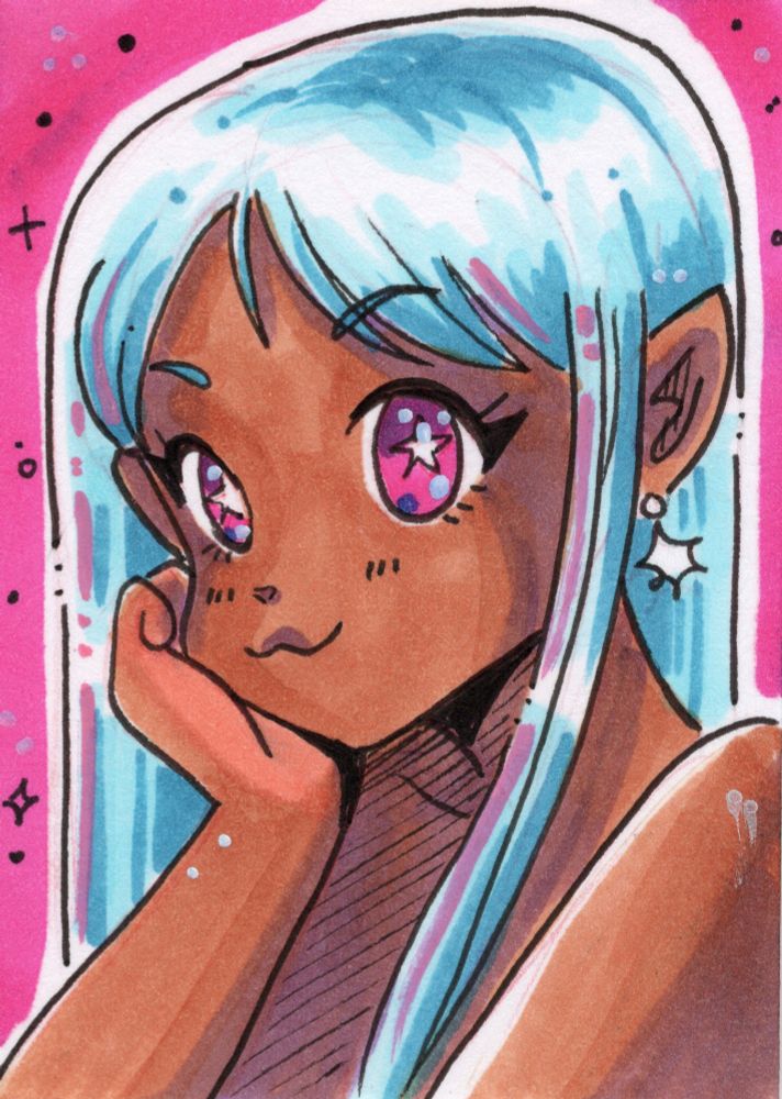 Copic marker drawing of a space elf with sparkles in her pink eyes