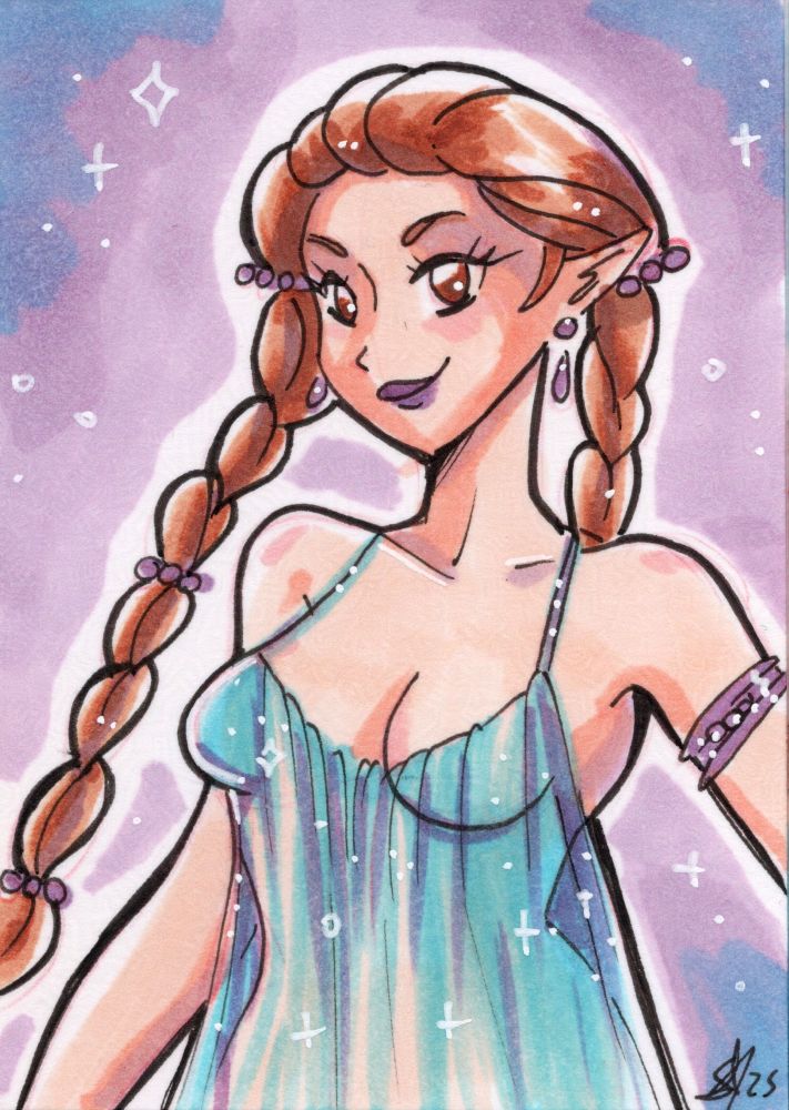Copic marker drawing of a pale skinned elf with light brown hair in two long braids wearing a lightly opaque blue dress