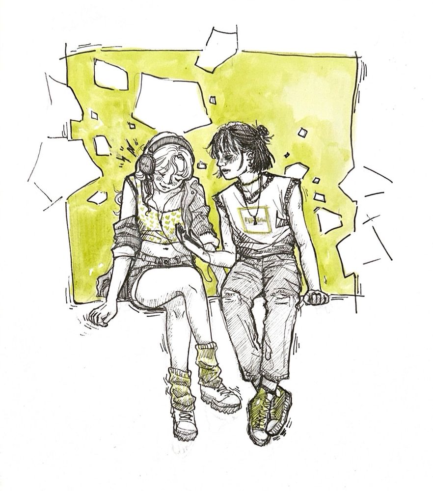 Aya with headphones on sitting next to Mitsuki who picks a song out for her to listen to. Very adorable <3