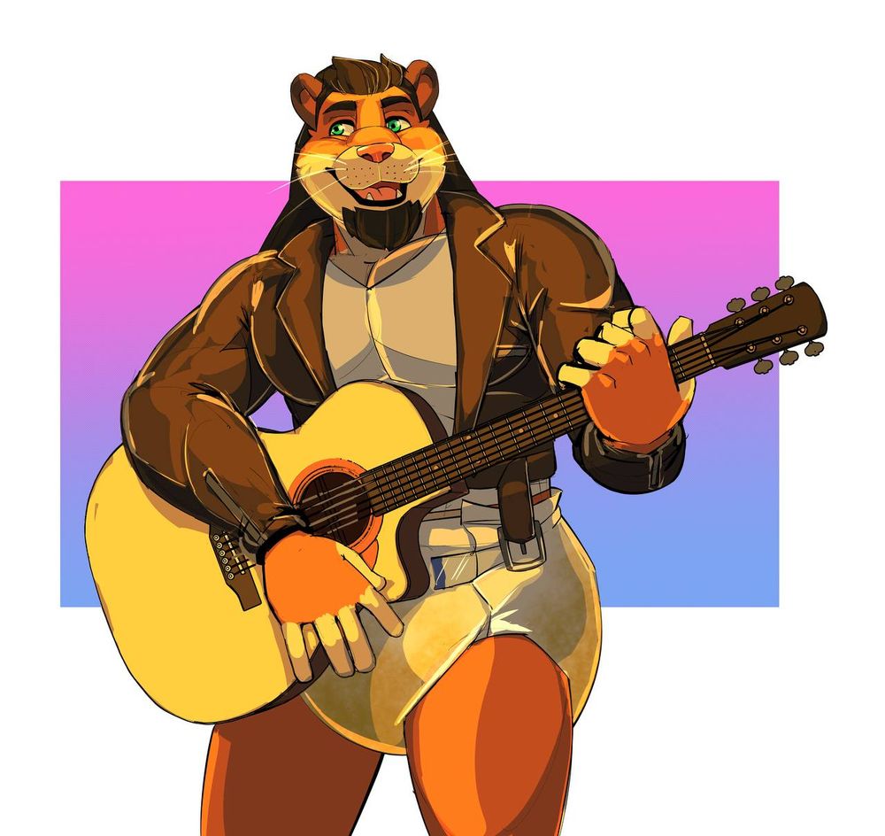 A male lion, in a leather jacket and a wet diaper, playing on an acoustic guitar. Art by @sharkypaddedbottom.
