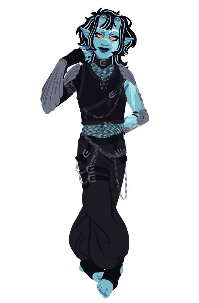 A full body drawing of OP's dnd character. They're a blue tiefling with black hair and orange eyes and scarring on their arm and face. They stand with one foot in front of the other and one hand behind their back.