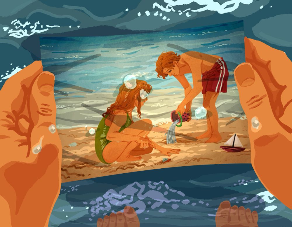 An illustration of a pair of hands holding onto a slightly wrinkled photograph. The photo is of two children at the beach playing in the sand, one of them—the young girl— pointing at a hermit crab and talking to her brother who is pouring water into a hole in the sand. A toy boat sits beside him and the water is calm in the background. A few tears are on the photo, obscuring the girl’s face.