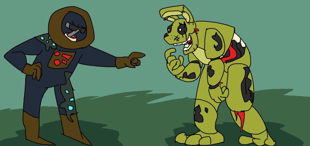 Simon from Soma pointing at Springtrap FNAF, drawn in mspaint