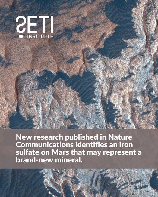 SETI Institute logo. Background: Image of Aram Chaos on Mars, taken by the Mars Reconnaissance Orbiter. Text: New research published in Nature Communications identifies an iron sulfate on Mars that may represent a brand-new mineral.