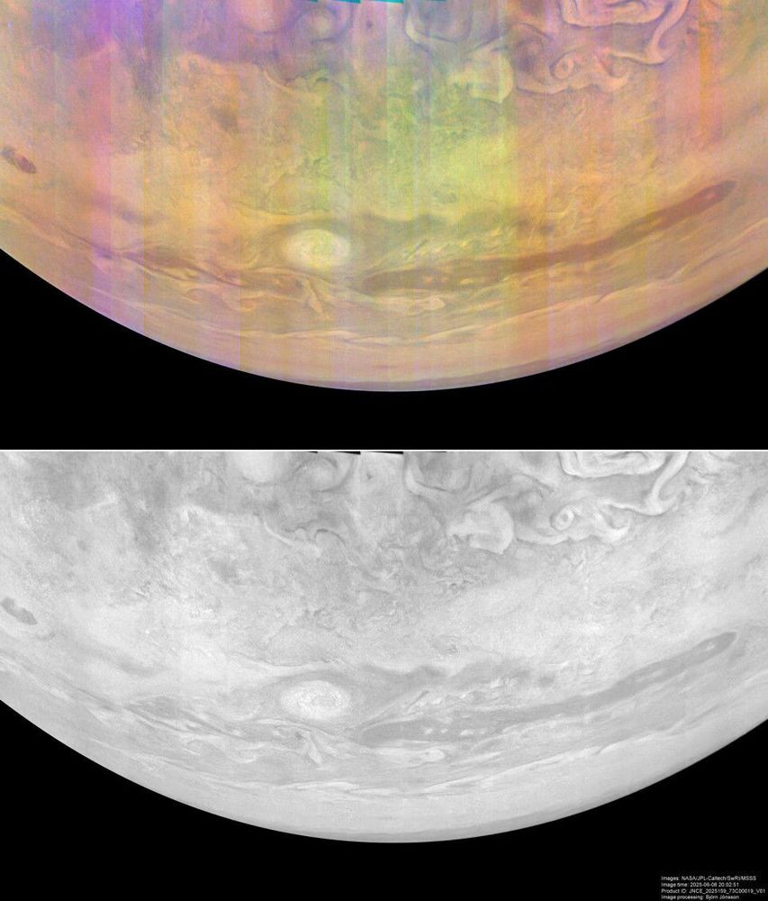 Two images of a portion of Jupiter. Top: The image is banded in bright colors running from top to bottom in side-by-side swaths. Several jet streams and one cyclone can be seen through the distortion. Bottom: The same image but shown nearly in black and white with very few bands. The details in the clouds are much easier to perceive in some areas but washed out in others.