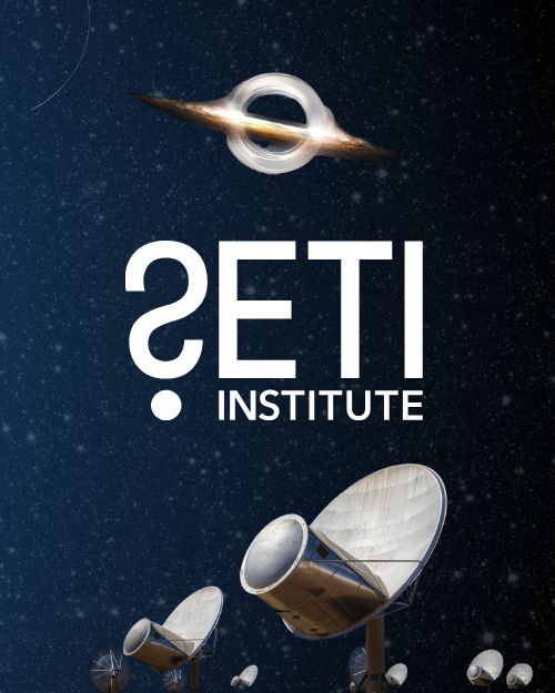 SETI Institute logo. Graphics: (top) Black hole. (bottom) radio telescope dishes at the Allen Telescope Array. Background: Starry night sky.