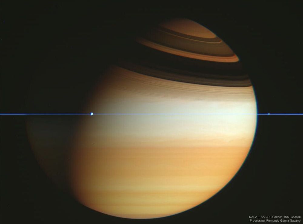 Image of Saturn as seen from the Cassini spacecraft. The planet is lit from the bottom right, with the shadow of the rings in the upper hemisphere. The rings themselves are a very thin line, seen in blue, across the face of the planet in the middle. The planets cloud bands are shown in shades of gold. The moons Dione (left) and Enceladus (right) appear as bumps in the rings.