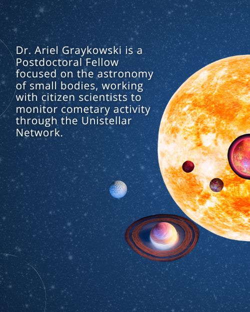 Text: Dr. Ariel Graykowski is a Postdoctoral Fellow focused on the astronomy of small bodies, working with citizen scientists to monitor cometary activity through the Unistellar Network. Background: Starry night sky with graphics of a star and exoplanets in front of it.