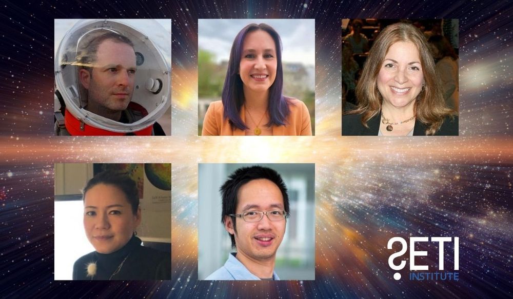 Background: Zooming into a star with blurred lines leading to the center. SETI Institute logo in the bottom right corner. Five pictures: Top three, from left: Dr. Jordan Bimm in a spacesuit, Dr. Chelsea Haramia with purple hair and an orange jacket, Dr. Lori Marino with people in the background; Bottom row, from left: Dr. Keiko Nakamura-Messenger, with a science poster in the background, Dr. Quanzhi Ye in portrait mode with a soft background.