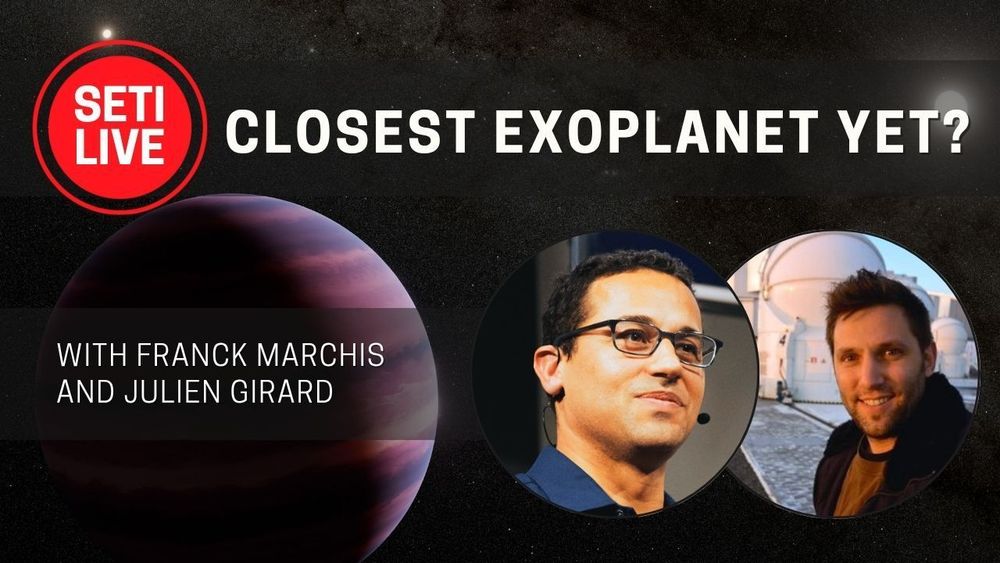 SETI Live record button logo. Text: Closest Exoplanet Yet? with Franck Marhis and Julien Girard. Background: Artist's concept of a gas giant planet orbiting at a distance from a bright star. Inset: Photos of Franck Marchis and Julien Girard.