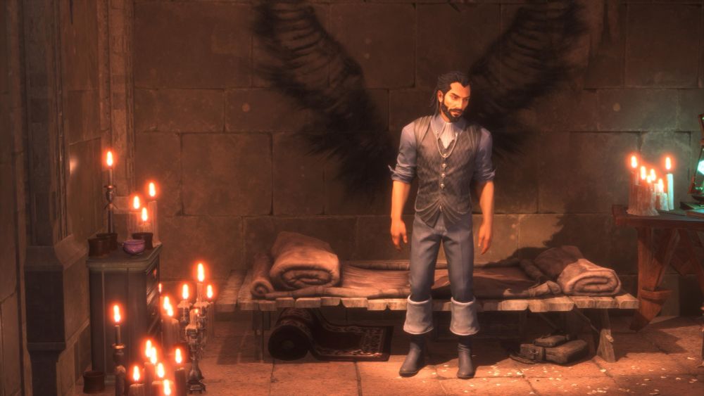 screenshot from the video game Dragon Age: Veilguard showing Lucanis, an assassin with long black hair and beard, standing in a candlelit room in front of a wall with wings painted in ash behind him. 