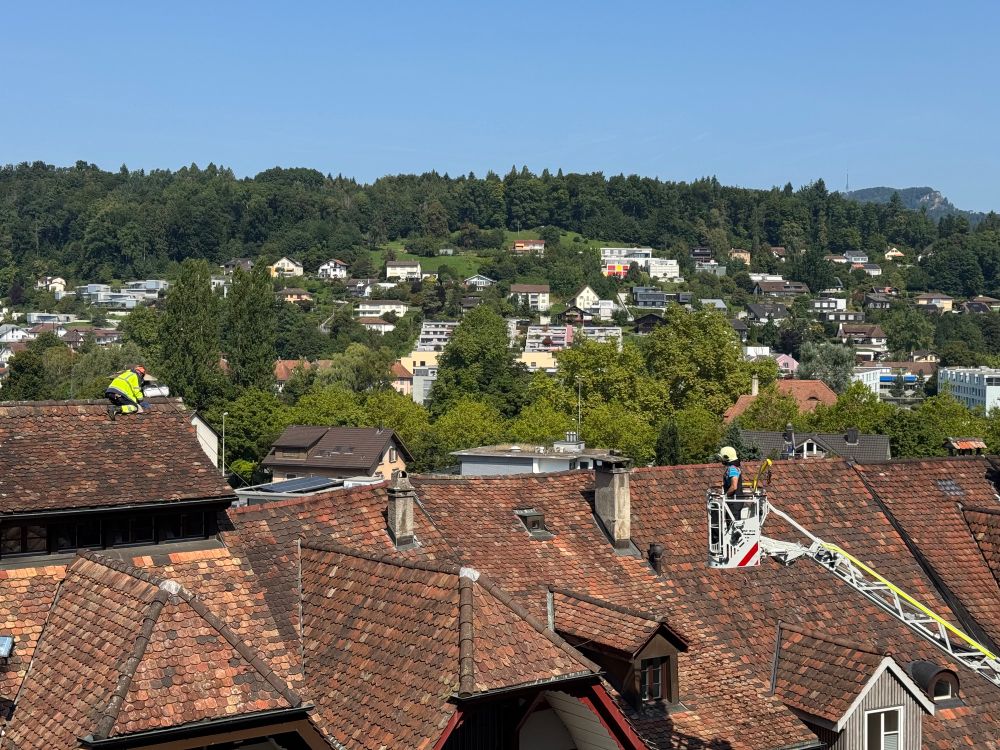 Dächer der Altstadt von Aarau. Auf einem Dach sitzt ein Feuerwehrmann und versucht eine Katze aus einem Schornstein zu retten. Die Feuerwehrdrehleiter mit einem Mann im Korb ist auch zu sehen. Dahinter ist der Weinberg mit Jurahöhen, Alpenzeiger und Wasserfluh zu sehen. 