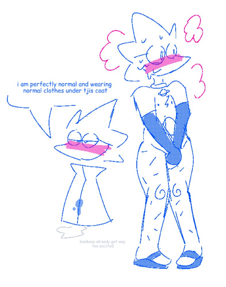 a sketch of donut wearing only a choker, sandals, and arm warmers. She is covering her crotch and looking very flustered. Theres a more simplistic sketch of her next to it with her wearing her lab coat closed. She says "i am perfectly normal and wearing normal clothes under this lab coat" as the fact she appears to be cumming under the coat seems to prove otherwise.