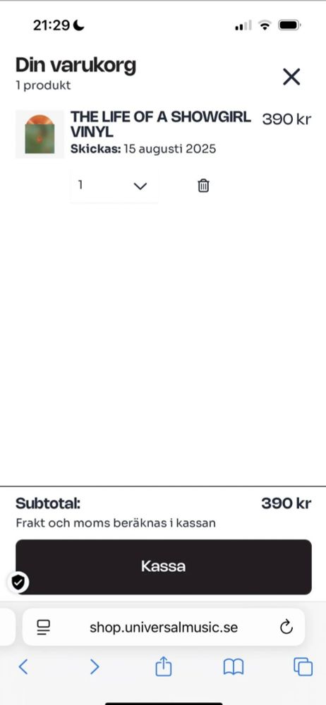 The Life of a ShowGirl vinyl checkout on Swedish site