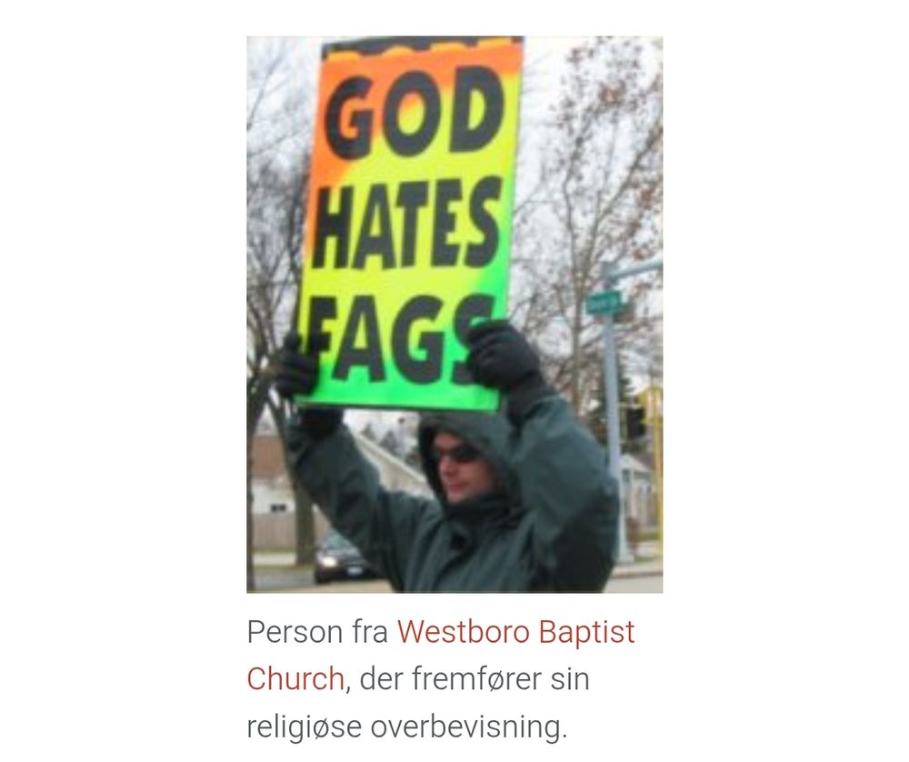 Person holder et skilt med teksten "GOD HATES FAGS". Den forklarende billedtekst siger "Person fra Westboro Baptist Church, der fremfører sin religiøse overbevisning."