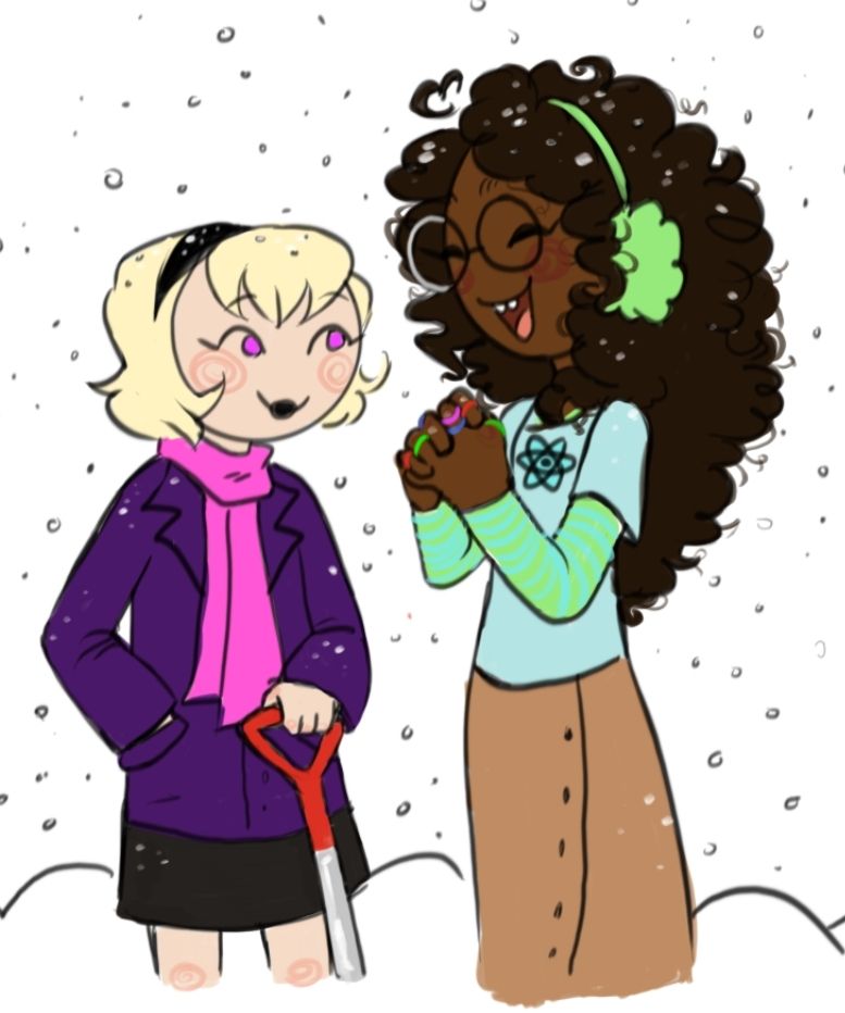 A digital drawing of two girls in the snow. The one on the left is Rose Lalonde from Homestuck at 13yrs old, but she goes by the name Thistle. They have a short blonde bob, pale skin, and are wearing a headband, pink scarf, and plum colored winter coat over a black mid length skirt. They are holding the handle of a snow shovel implying she has been shoveling snow. The girl on the right is Jade Harley from Homestuck also aged 13. Her skin is dark and her hair is wild and curly and reaches her mid-back, she is wearing a green and blue striped  long-sleeve shirt under a light blue T-Shirt with an atom symbol on it, as well as a khaki skirt, and a pair of fluffy green earmuffs. Jade's colorful-reminder-covered fingers are clasped together and her eyes are squeezed shut in delight as snowflakes fall on her and Thistle.