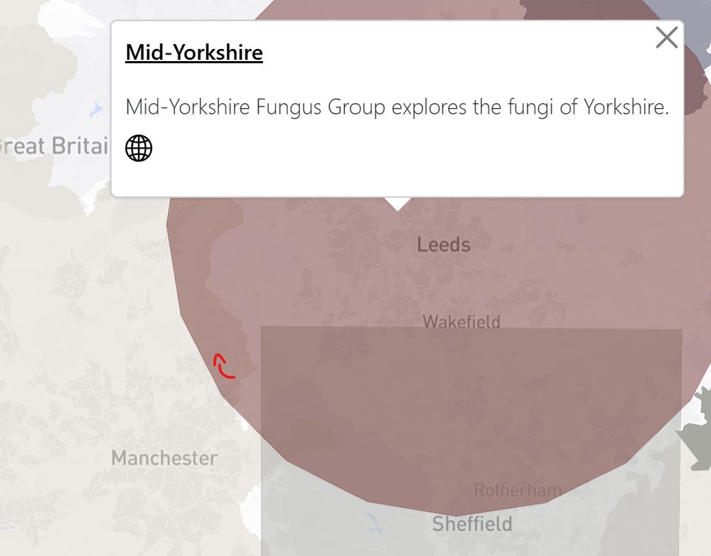 Screenshot of the above map, showing the range of the Mid-Yorkshire Fungus Group, extending outwards in a perfect circle, including a large section of lancastrian Rochdale (pointed out with a small red arrow)