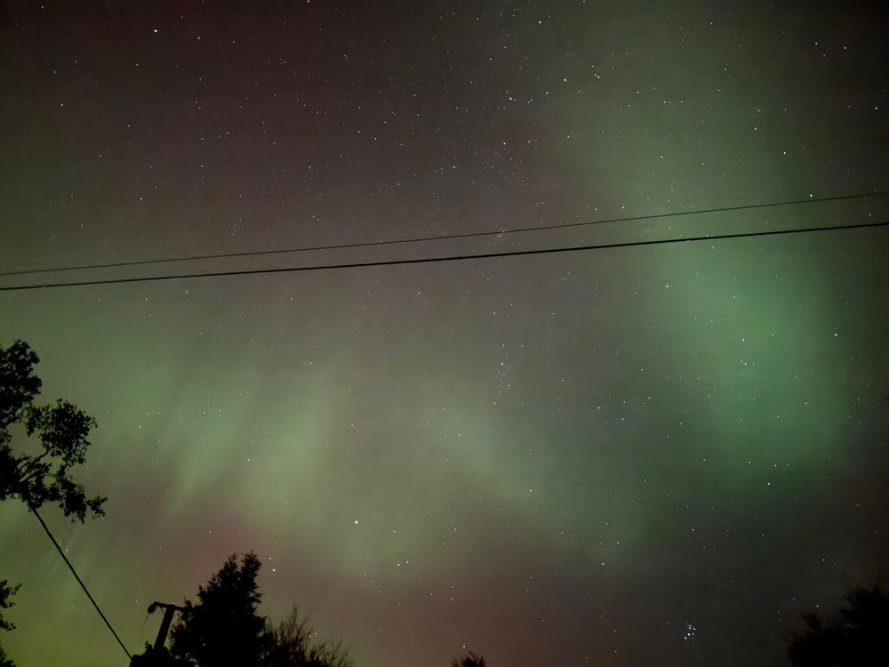 A night sky filled with stars, featuring shades of green and purple light, possibly auroras, with silhouetted tree branches and a power line in the foreground.