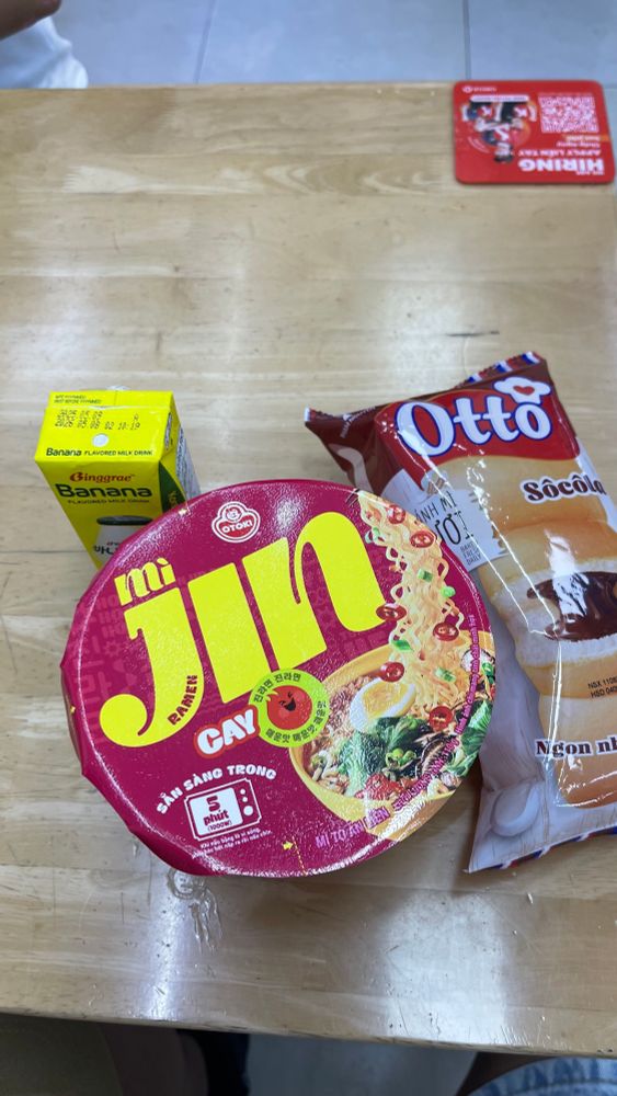 Jin ramen noodles with banana milk and a bread