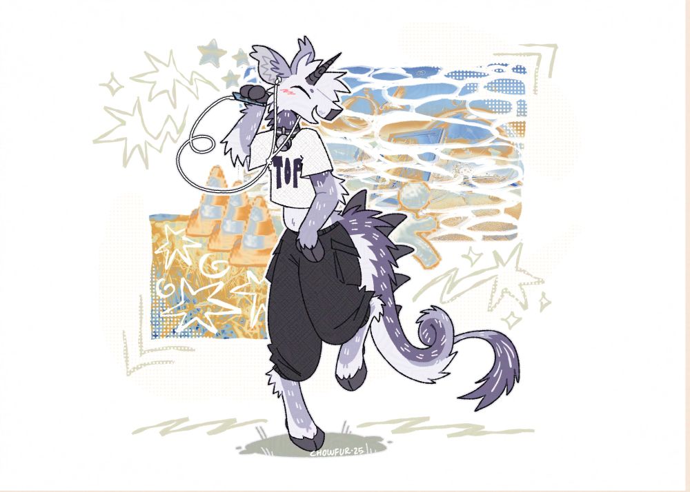 illustration of Taro the anthro purple unicorn, wearing a white crop top that says "TOP" across the front, and baggy black pants. Art by Chowfur.