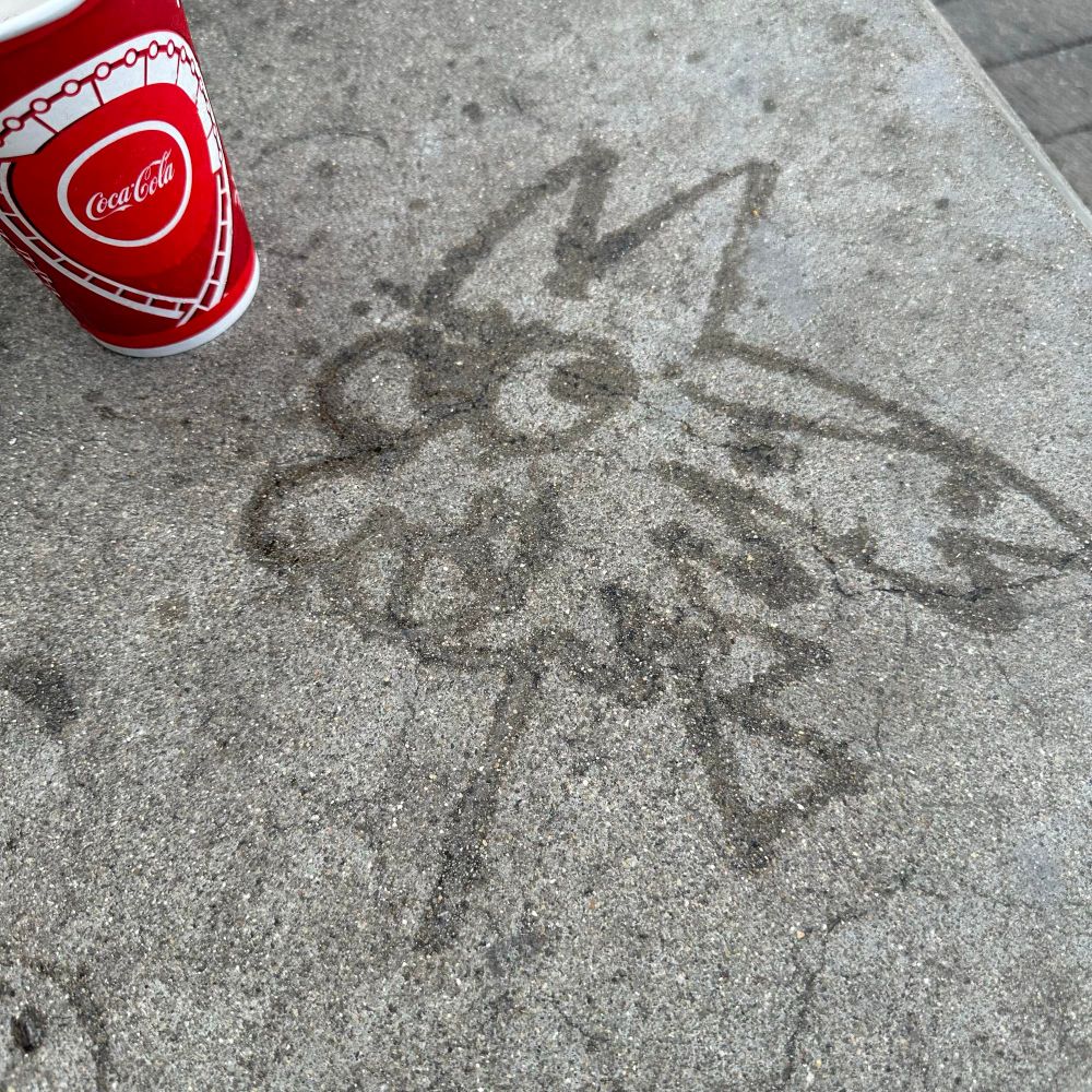 water on concrete drawing of Fisher the dragon. 
