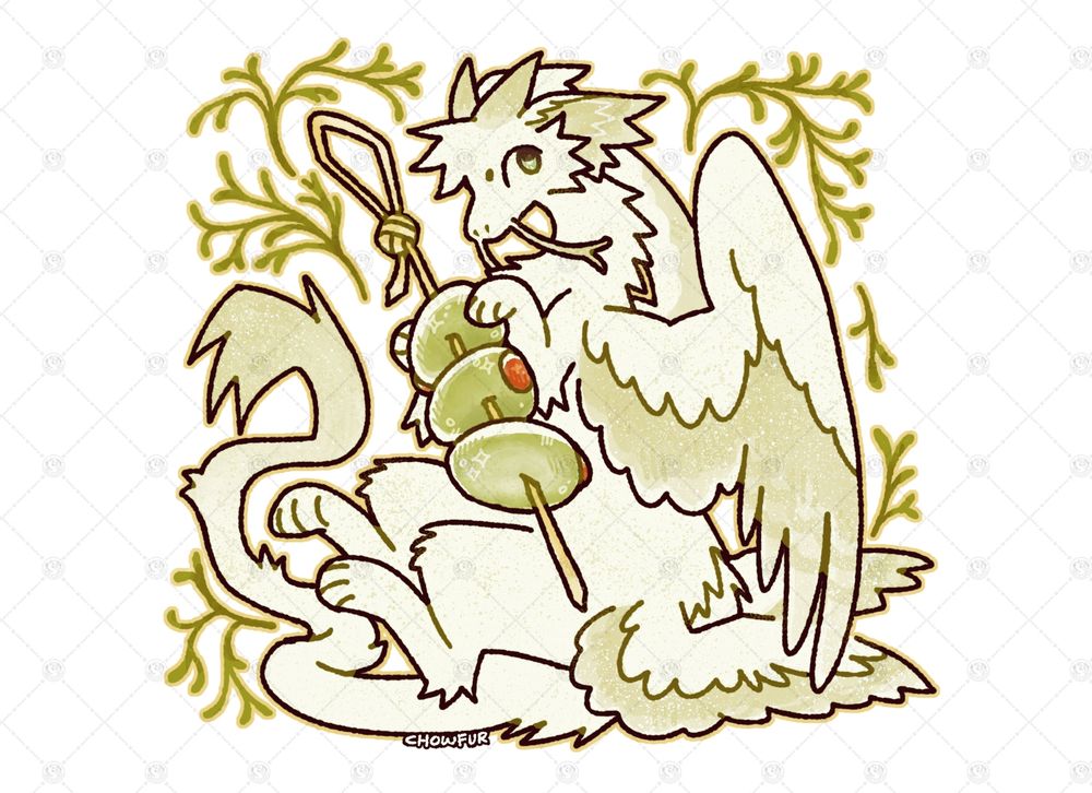 a fluffy dragon holding a toothpick with three olives on it. sprigs of dill surround them.