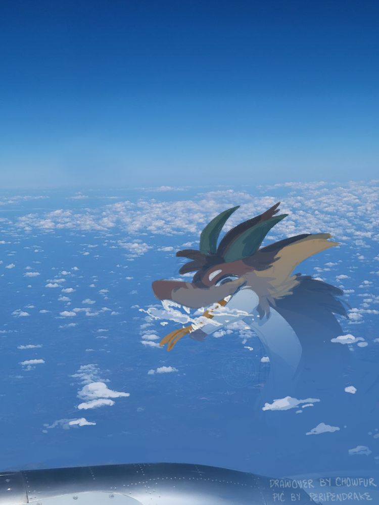 Picture taken from a plane, blue sky dotted with white clouds. A dragon is drawn, eating the clouds.