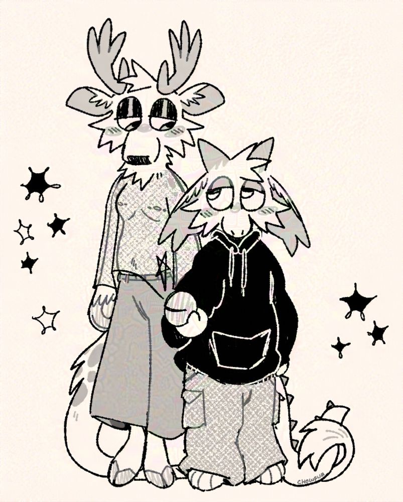 a pen doodle of Marble the deer-dragon (left) looking down at Fisher the dragon(right) who is looking back up at Marble. Marble is wearing a sheer mesh shirt, with straight flowy pants, they stand next to Fisher holding their hand. Fisher wears a large black hoodie with oversized dark cargo pants. Their tails intertwine on the ground. By Chowfur.