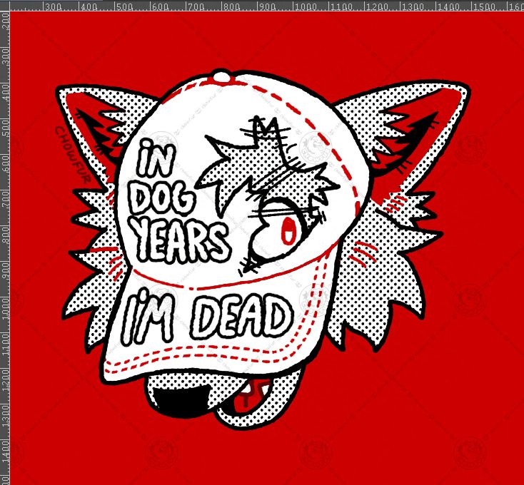 dog wearing a hat, a hole is cut out for the eye. the hat says "in dog years i'm dead". art by chowfur