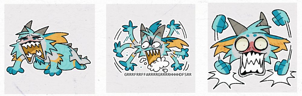 three telegram stickers of Fisher the dragon. The first one they have their hands and knees on the floor, screaming dramatically. The second one is Fisher waving their arms, foaming at the mouth saying GRRHRHRGRHRHR. The third one is Fisher, red in the face,  banging their paws up and down dramatically.