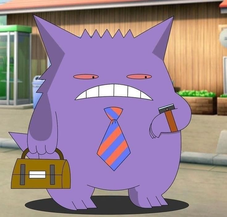 Gengar wearing tie and looking at his watch 