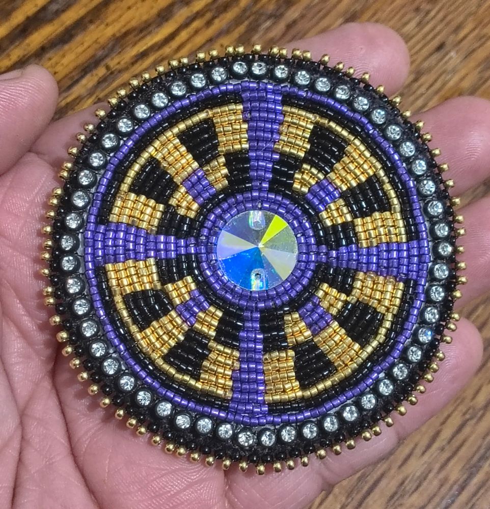 circular pow wow earring in purple, gold and black