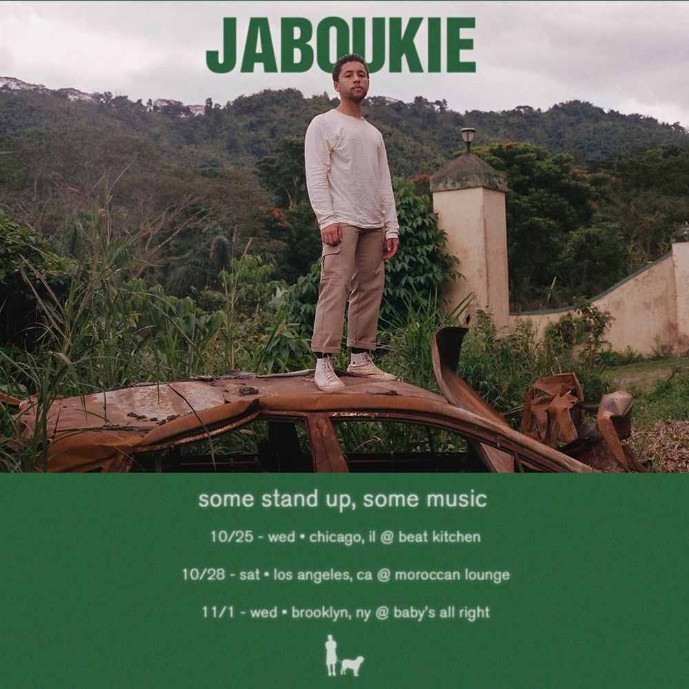 multi-hyphenate multi-talented jaboukie young-white stands atop a rusted car in beautiful Jamaica with your date information at the bottom.