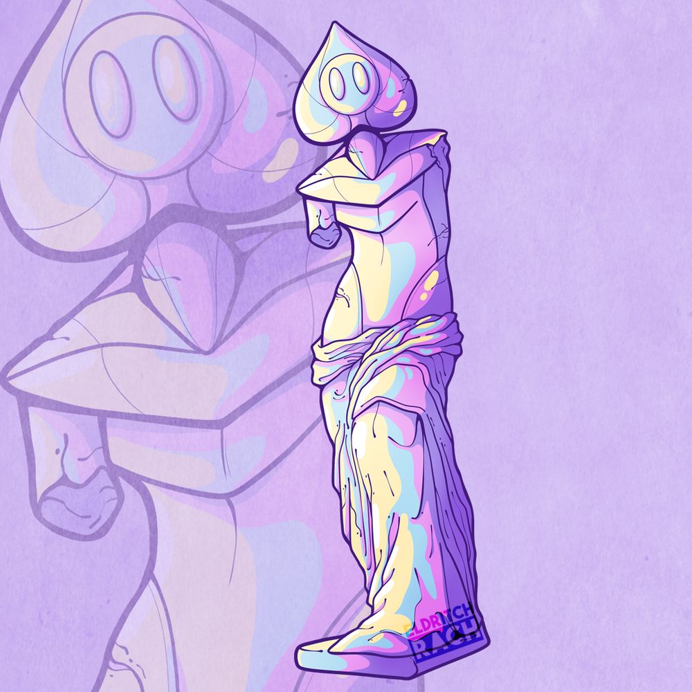 The Venus de Milo statue but with the Flatwoods Monster instead. It is in neon colouring. 