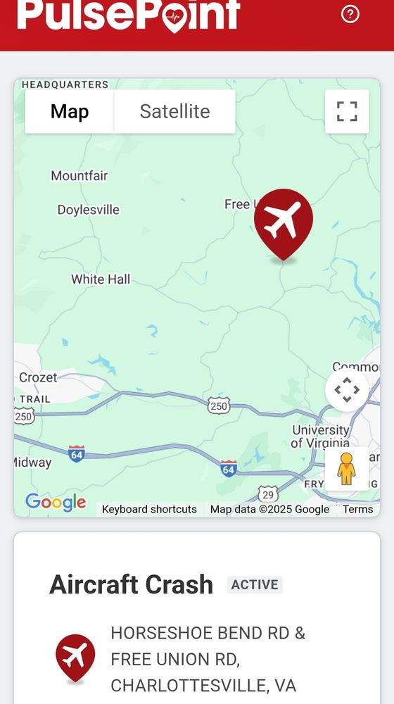 Screenshot of PulsePoint app showing a plane crash on free union road 